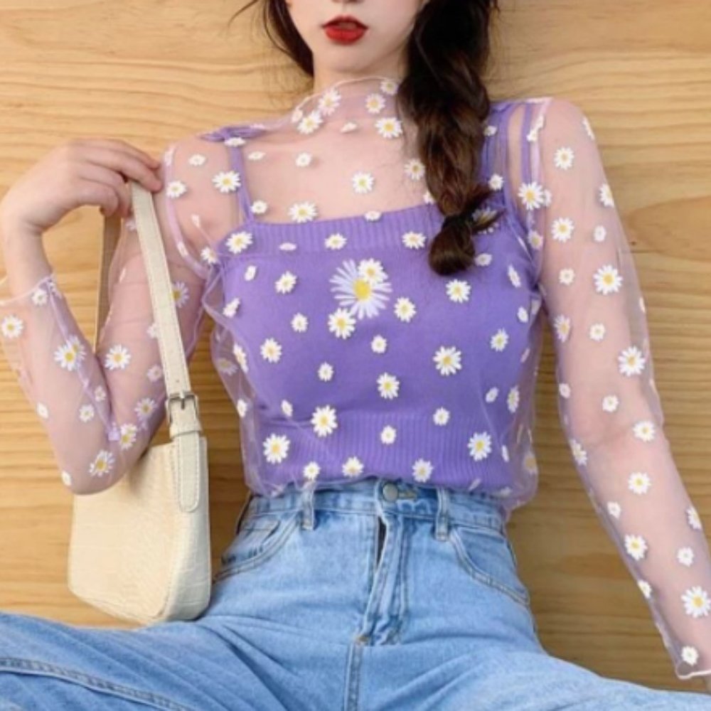 Harajuku Cute Lace Flower Long Sleeve Mesh Top